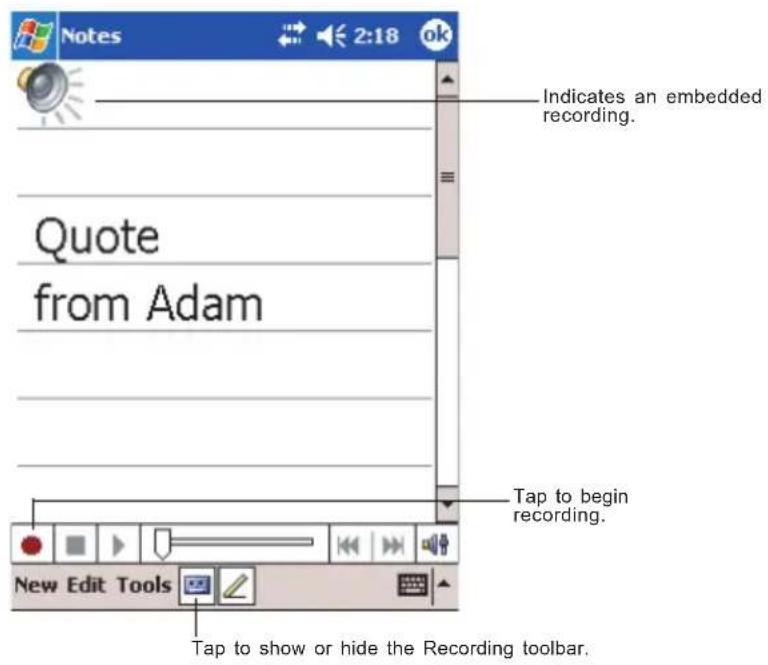 Notes 2:18 ok Indicates an embedded recording. Quote from Adam Tap to begin recording. New Edit Tools Tap to show or hide the Recording toolbar.