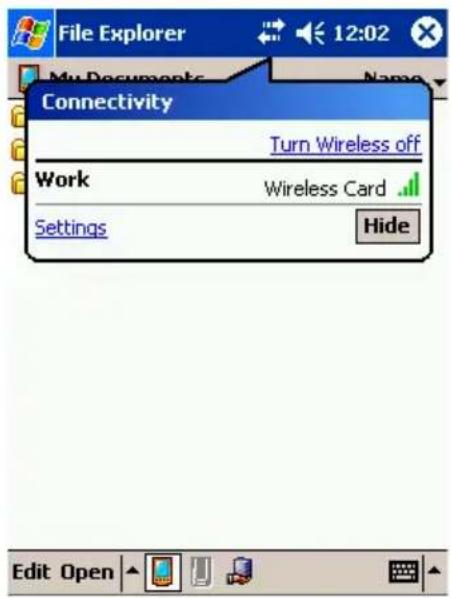 File Explorer 12:02 My Documents Name Connectivity Turn Wireless off Work Wireless Card Settings Hide Edit Open