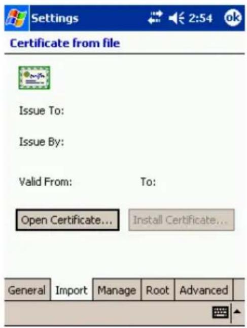Settings Certificate from file Issue To: Issue By: Valid From: To: Open Certificate... Install Certificate... General Import Manage Root Advanced