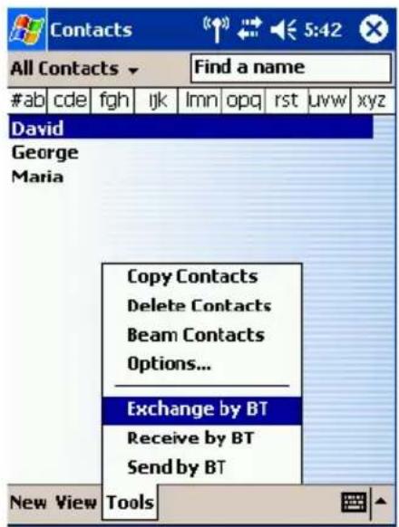 Contacts All Contacts Find a name #ab cde fgh ijk lmn opq rst uvw xyz David George Maria Copy Contacts Delete Contacts Beam Contacts Options... Exchange by BT Receive by BT Send by BT New View Tools