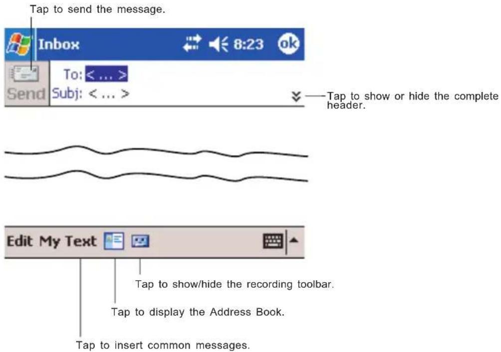 Tap to send the message. Inbox To: < ... > Subj: < ... > Tap to show or hide the complete header. Edit My Text Tap to show/hide the recording toolbar. Tap to display the Address Book. Tap to insert common messages.