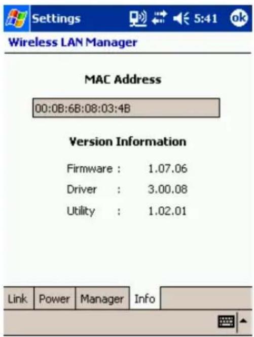 Wireless LAN Manager MAC Address 00:0B:6B:08:03:4B Version Information Firmware : 1.07.06 Driver : 3.00.08 Utility : 1.02.01 Link Power Manager Info