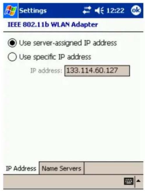 IEEE 802.11b WLAN Adapter Use server-assigned IP address Use specific IP address IP address: 133.114.60.127 IP Address Name Servers