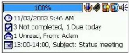 100% 11/03/2009 9:46 AM 3 Not completed, 1 Due today 1 Unread, From: Adam 13:00-14:00, Subject: Status meeting