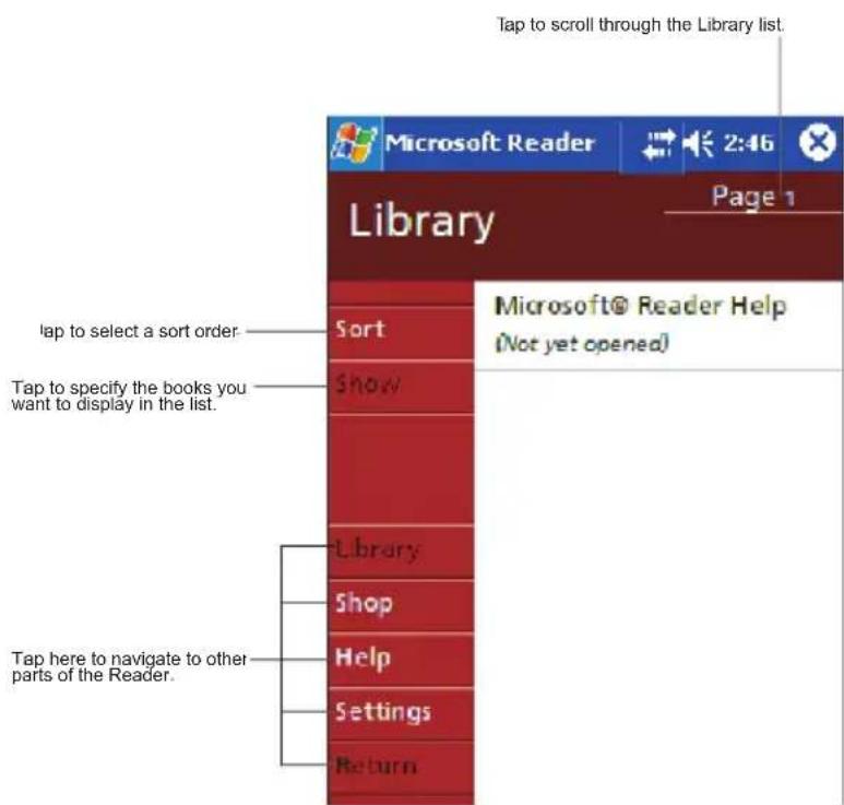 Tap to scroll through the Library list. Microsoft Reader 2:46 Library Page 1 lap to select a sort order Sort Microsoft® Reader Help (Not yet opened) Tap to specify the books you want to display in the list. Show Library Shop Help Settings Return Tap here to navigate to other parts of the Reader.