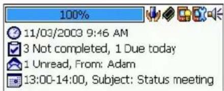 100% 11/03/2003 9:46 AM 3 Not completed, 1 Due today 1 Unread, From: Adam 13:00-14:00, Subject: Status meeting