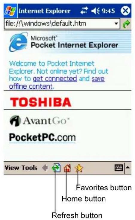 Internet Explorer file:///windows\default.htm Microsoft® Pocket Internet Explorer Welcome to Pocket Internet Explorer. Not online yet? Find out how to get connected and save offline content. TOSHIBA AvantGo® PocketPC.com View Tools Favorites button Home button Refresh button