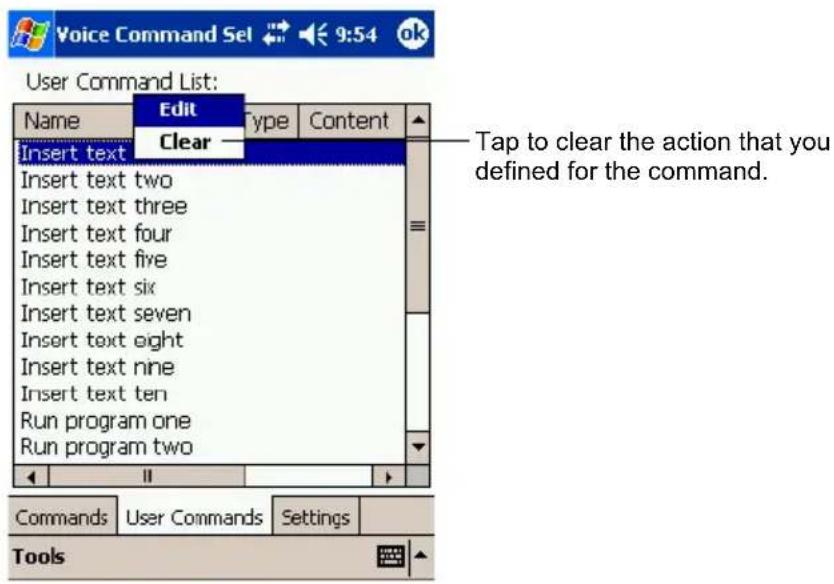 Voice Command Sel 9:54 ok User Command List: Name Edit Type Content Insert text Clear Insert text two Insert text three Insert text four Insert text five Insert text six Insert text seven Insert text eight Insert text nine Insert text ten Run program one Run program two Tap to clear the action that you defined for the command. Commands User Commands Settings Tools