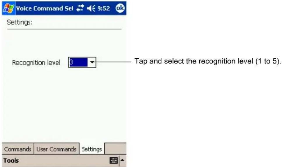 Voice Command Sel 9:52 ok Settings: Recognition level 3 Tap and select the recognition level (1 to 5). Commands User Commands Settings Tools