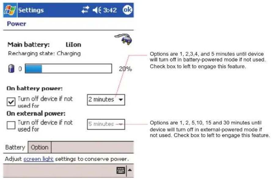 Settings 3:42 ok Power Main battery: LiIon Recharging state: Charging 0 20% Options are 1, 2, 3, 4, and 5 minutes until device will turn off in battery-powered mode if not used. Check box to left to engage this feature. On battery power: ✓ Turn off device if not used for 2 minutes On external power: □ Turn off device if not used for 5 minutes Options are 1, 2, 5, 10, 15 and 30 minutes until device will turn off in external-powered mode if not used. Check box to left to engage this feature. Battery Option Adjust screen light settings to conserve power.