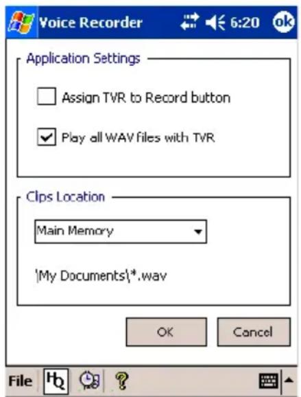 Voice Recorder 6:20 ok Application Settings Assign TVR to Record button Play all WAV files with TVR Clips Location Main Memory 'My Documents'.wav OK Cancel File