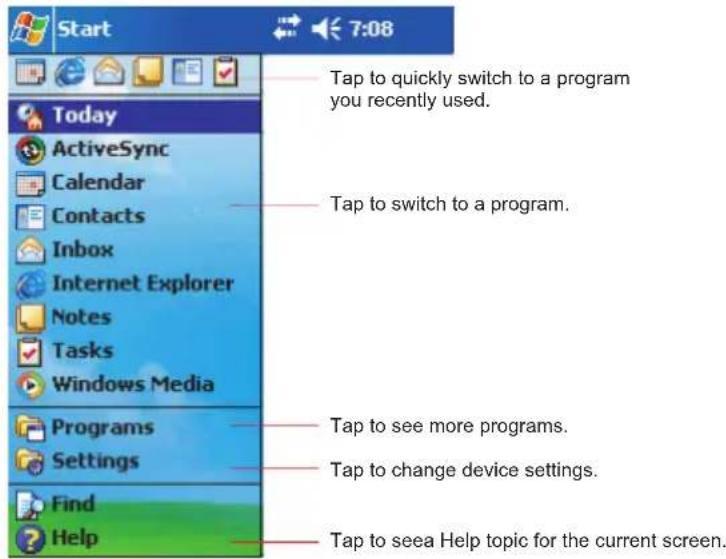 Start 7:08 Today ActiveSync Calendar Contacts Inbox Internet Explorer Notes Tasks Windows Media Programs Settings Find Help Tap to quickly switch to a program you recently used. Tap to switch to a program. Tap to see more programs. Tap to change device settings. Tap to seea Help topic for the current screen.