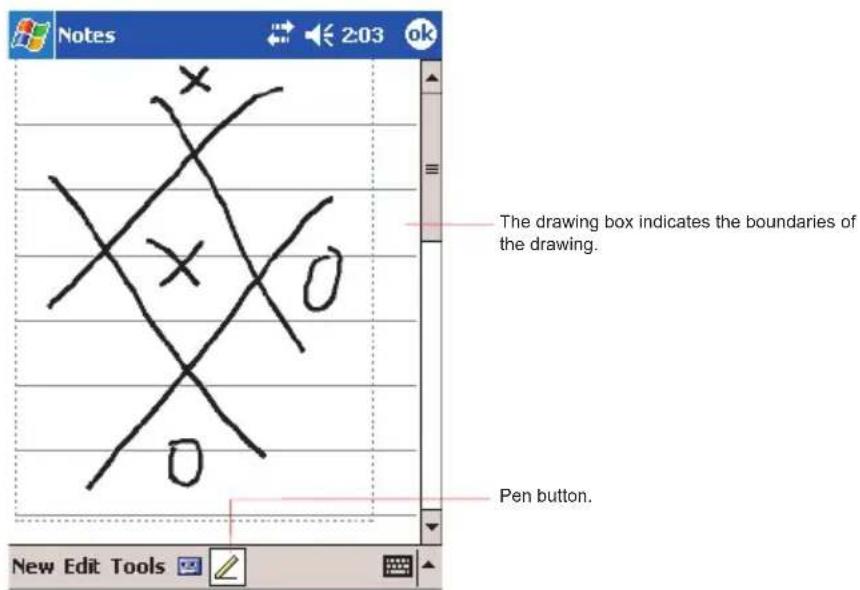 Notes 2:03 ok The drawing box indicates the boundaries of the drawing. Pen button. New Edit Tools