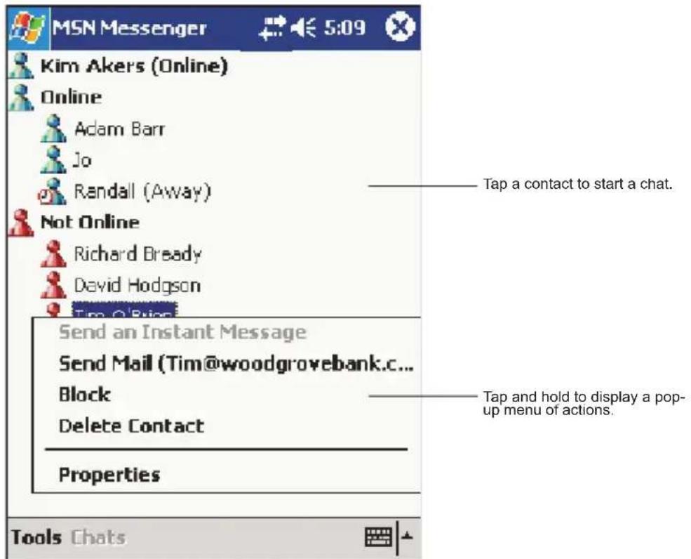 MSN Messenger Kim Akers (Online) Online Adam Barr Jo Randall (Away) Not Online Richard Bready David Hodgson Tim O Eiver Send an Instant Message Send Mail (Tim@woodgrovebank.c... Block Delete Contact Properties Tap a contact to start a chat. Tap and hold to display a pop- up menu of actions. Tools Chats