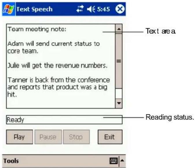 Text Speech 5:45 Team meeting note: Adam will send current status to core team. Julie will get the revenue numbers. Tanner is back from the conference and reports that product was a big hit. Text are a Ready Reading status. Play Pause Stop Exit Tools