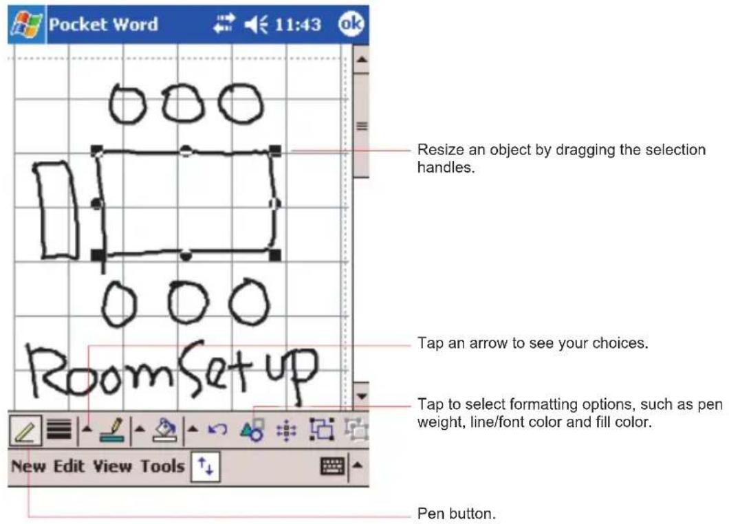 Pocket Word 11:43 ok Resize an object by dragging the selection handles. Room Setup Tap an arrow to see your choices. Tap to select formatting options, such as pen weight, line/font color and fill color. New Edit View Tools Pen button.