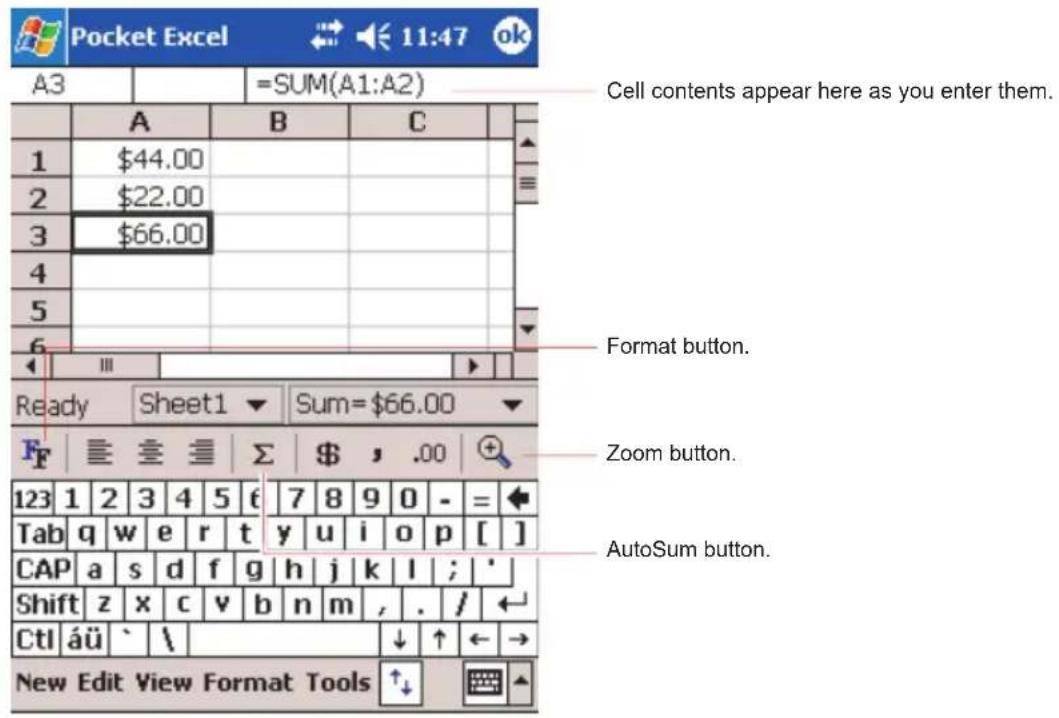 Pocket Excel A3 =SUM(A1:A2) Cell contents appear here as you enter them. 1 $44.00 2 $22.00 3 $66.00 4 5 6 Format button. Ready Sheet1 Sum=$66.00 F ≡≡≡ Σ $ , .00 123 1 2 3 4 5 6 7 8 9 0 - = Tab q w e r t y u i o p [ ] CAP a s d f g h j k l ; * Shift z x c v b n m , . / ← Ctl áü ` \ ↓ ↑ ← → New Edit View Format Tools