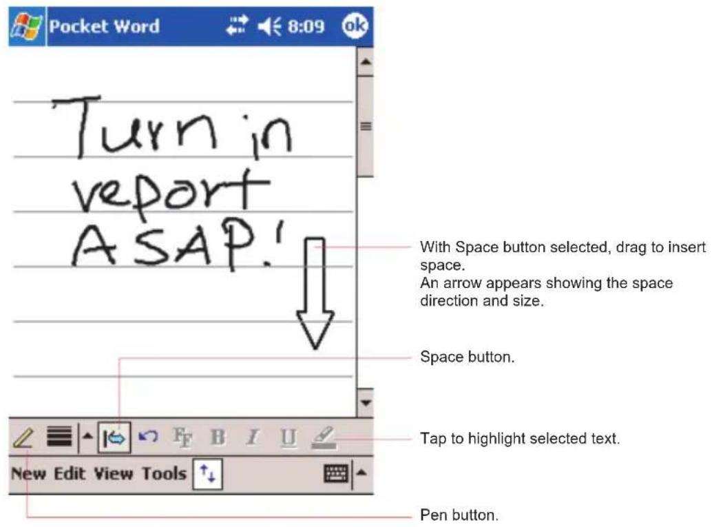 Pocket Word Turn in veport ASAP! With Space button selected, drag to insert space. An arrow appears showing the space direction and size. Space button. Tap to highlight selected text. New Edit View Tools Pen button.
