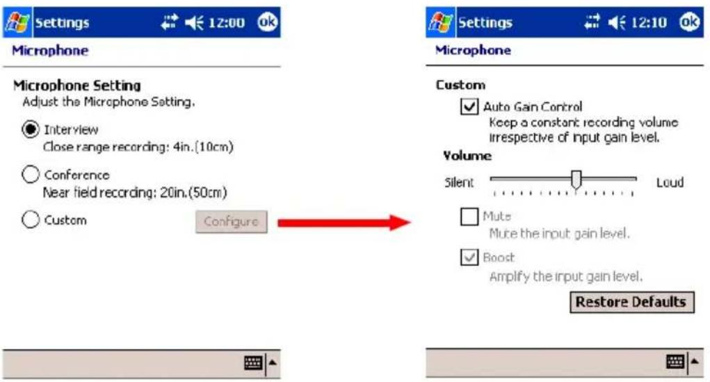 Settings 12:00 ok Microphone Microphone Setting Adjust the Microphone Setting. ● Interview Close range recording: 4in.(10cm) ○ Conference Near field recording: 20in.(50cm) ○ Custom Configure Microphone Custom ✓ Auto Gain Control Keep a constant recording volume irrespective of input gain level. Volume Silent Loud □ Mute Mute the input gain level. ✓ Boost Amplify the input gain level. Restore Defaults