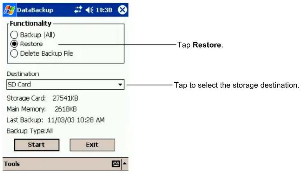DataBackup Functionality Backup (All) Restore Delete Backup File Tap Restore. Destination SD Card Storage Card: 27541KB Main Memory: 2518KB Last Backup: 11/03/03 10:28 AM Backup Type: All Start Exit Tools