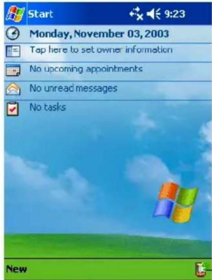 Start 9:23 Monday, November 03, 2003 Tap here to set owner information No upcoming appointments No unread messages No tasks New