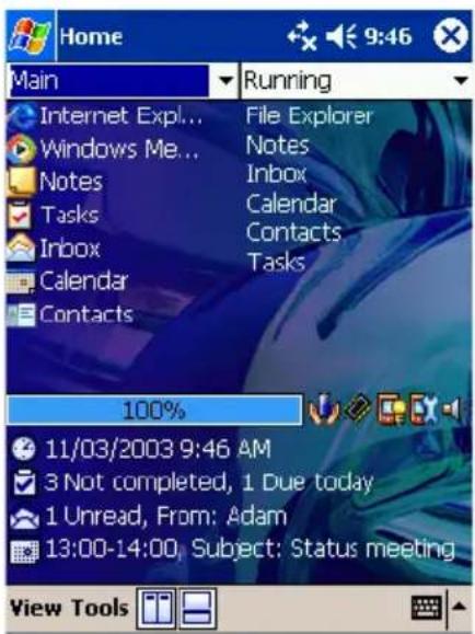 Home Main Running Internet Expl... Windows Me... Notes Tasks Inbox Calendar Contacts Contacts File Explorer Notes Inbox Calendar Contacts Tasks 100% 11/03/2003 9:46 AM 3 Not completed, 1 Due today 1 Unread, From: Adam 13:00-14:00 Subject: Status meeting View Tools