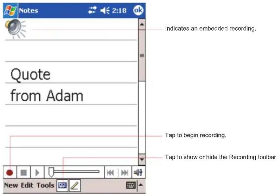 Notes 2:18 ok Indicates an embedded recording. Quote from Adam Tap to begin recording. Tap to show or hide the Recording toolbar. New Edit Tools