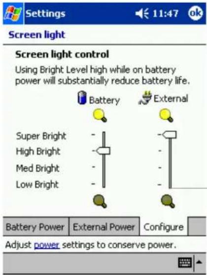 Settings 11:47 ok Screen light Screen light control Using Bright Level high while on battery power will substantially reduce battery life. Battery External Super Bright - High Bright - Med Bright - Low Bright - Battery Power External Power Configure Adjust power settings to conserve power.