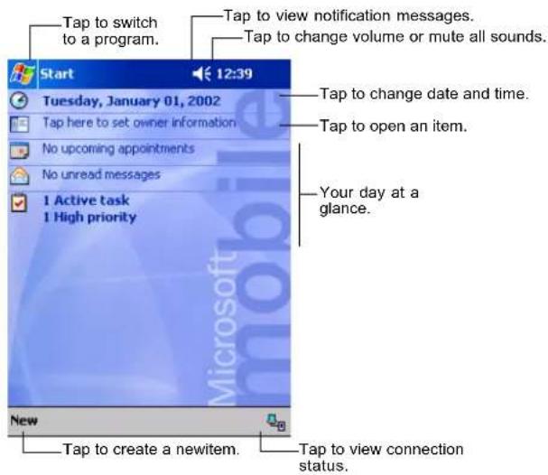Tap to switch to a program. Tap to view notification messages. Tap to change volume or mute all sounds. Start 12:39 Tuesday, January 01, 2002 Tap here to set owner information No upcoming appointments No unread messages 1 Active task 1 High priority Tap to change date and time. Tap to open an item. Your day at a glance. New Tap to create a newitem. Tap to view connection status.