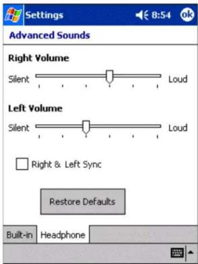 Settings Advanced Sounds Right Volume Silent Loud Left Volume Silent Loud Right & Left Sync Restore Defaults Built-in Headphone