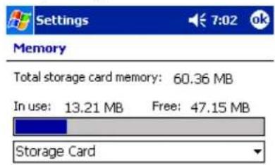 Settings 7:02 ok Memory Total storage card memory: 60.36 MB In use: 13.21 MB Free: 47.15 MB Storage Card