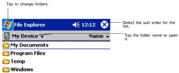 Tap to change folders. File Explorer 12:12 My Device Name My Documents Program Files Temp Windows Select the sort order for the list. Tap the folder name to open it.