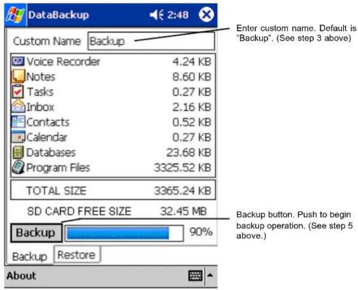 DataBackup 2:48 Custom Name Backup Voice Recorder 4.24 KB Notes 8.60 KB Tasks 0.27 KB Inbox 2.16 KB Contacts 0.52 KB Calendar 0.27 KB Databases 23.68 KB Program Files 3325.52 KB TOTAL SIZE 3365.24 KB SD CARD FREE SIZE 32.45 MB Backup 90% Backup Restore About Enter custom name. Default is "Backup". (See step 3 above) Backup button. Push to begin backup operation. (See step 5 above.)