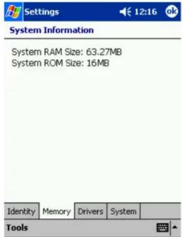 Settings 12:16 ok System Information System RAM Size: 63.27MB System ROM Size: 16MB Identity Memory Drivers System Tools