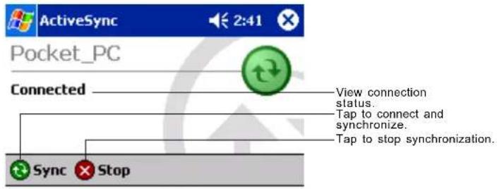 ActiveSync 2:41 Pocket_PC Connected View connection status. Tap to connect and synchronize. Tap to stop synchronization. Sync Stop