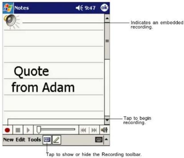 Notes 9:47 ok Indicates an embedded recording. Quote from Adam Tap to begin recording. New Edit Tools Tap to show or hide the Recording toolbar.