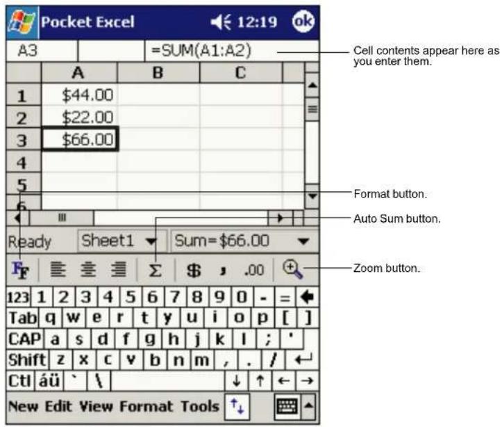 Pocket Excel A3 =SUM(A1:A2) Cell contents appear here as you enter them. 1 $44.00 2 $22.00 3 $66.00 4 Format button. 5 Auto Sum button. 6 Ready Sheet1 Sum=$66.00 F ≡≡≡ Σ $ .00 + 123 1 2 3 4 5 6 7 8 9 0 - = Tab q w e r t y u i o p [ ] CAP a s d f g h j k l ; ' Shift z x c v b n m , . / ← CtI áü ` \ ↓ ↑ ← → New Edit View Format Tools