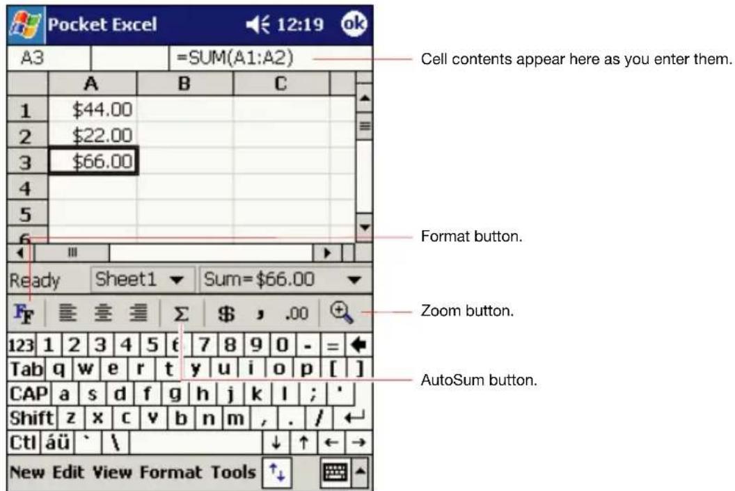Pocket Excel A3 =SUM(A1:A2) Cell contents appear here as you enter them. 1 $44.00 2 $22.00 3 $66.00 4 5 6 Format button. Ready Sheet1 Sum=$66.00 F ≡≡≡ Σ $ , .00 123 1 2 3 4 5 6 7 8 9 0 - = Tab q w e r t y u>i pivot[ ] CAP a s d f g h-j k,l ; ' Shift z x c v b n m , ./ ← Ctl áü ` \ ↓ ↑ ← → New Edit View Format Tools