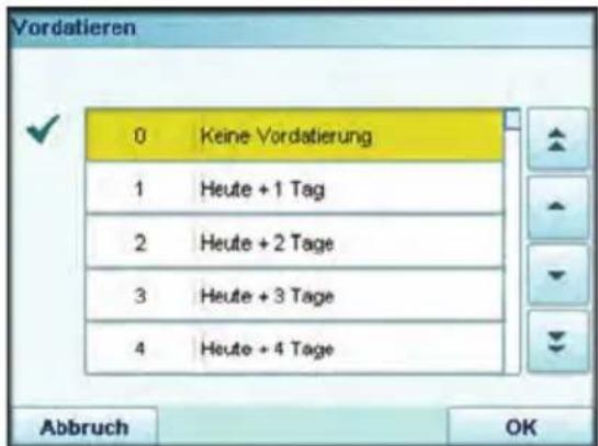 Neopost IS-5000 - Der Bildschirm Vordatieren wird angezeigt. - 1
