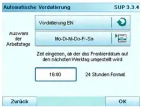 Neopost IN-700 - Vorgehensweise beim Einstellen der Zeit für die automatische Vordatierung - 2