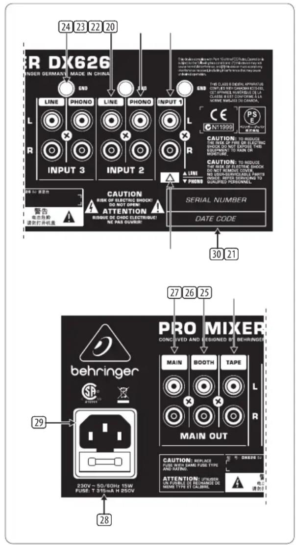 R DX626 INGER GERMANY MADE IN CHINA LINE PHONO LINE PHONO INPUT 1 INPUT 3 INPUT 2 LINE PHONO CAUTION: TO REDUCE THE RISK OF FIRE OF ELECTRIC SHOCK DO NOT OPEN! THE EQUIPMENT TO RAIN OR MOISTURE. CAUTION: TO REDUCE THE RISK OF ELECTRIC SHOCK DO NOT OPEN! THE EQUIPMENT TO RAIN OR MOISTURE. CAUTION: TO REDUCE THE RISK OF ELECTRIC SHOCK DO NOT OPEN! THE EQUIPMENT TO RAIN OR MOISTURE. CAUTION: TO REDUCE THE RISK OF ELECTRIC SHOCK DO NOT OPEN! THE EQUIPMENT TO RAIN OR MOISTURE. CAUTION: TO REDUCE THE RISK OF ELECTRICSHOCK DO NOT OPEN! THE EQUIPMENT TO RAIN OR MOISTURE. CAUTION: TO REDUCE THE RISK OF ELECTRIC SHOCK DO NOT OPEN! THE EQUIPMENT TO RAIN OR MOISTURE. CAUTION: TO REDUCE THE RISK OF ELECTRIC SHOCK DO NOT OPEN! THE EQUIPMENT TO RAIN OR MOISTURE. CAUTION: TO REDUCE THE RISK OF ELECTRIC SHOCK DO Not OPEN! THE EQUIPMENT TO RAIN OR MOISTURE. CAUTION: TO REDUCE THE RISK OF ELECTRIC SHOCK DO NOT OPEN! THE EQUIPMENT TO RAIN OR MOISTURE. CAUTION: TO REDUCE THE RISK OF ELECTRIC SHOCK DO NOT OPEN! THE EQUIPMENT TO RAIN OR MOISTURE. CAUTION: TO REDUCE THE RISK OF ELECTRIC SHOCK DO NOT OPEN! THE QUIER COVE, NO USU-SERVICEABLE PARTS PRO-MIXER RESERVATED TO QUALIFIED PERSONNEL. SERIAL NUMBER DATE CODE 30 21 27 26 25 PRO-MIXER CONCULVED AND DESIGNED BY BEHRINGER MAIN BOOTH TAPE L MAIN OUT CAUTION: REPLACE FOUSE WITH SAME FUSE TYPE AND RATED. ATTENTION: UTILIZER ON PURABLE DE RECHARGE DE MEME TYPE ET CALIBRE. 29 28 警告 电芯负舱 请勿打开机盘