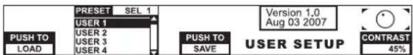 PRESET SEL 1 USER 1 PUSH TO LOAD USER 2 USER 3 USER 4 Version 1.0 Aug 03 2007 PUSH TO SAVE USER SETUP CONTRAST 45%