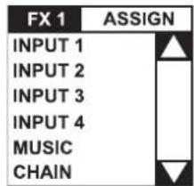 FX 1 ASSIGN INPUT 1 INPUT 2 INPUT 3 INPUT 4 MUSIC CHAIN