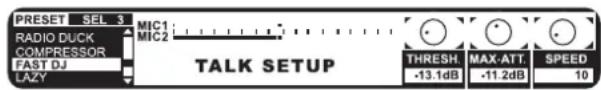 PRESET SEL 3 RADIO DUCK COMPRESSOR FAST DJ LAZY MIC1 MIC2 TALK SETUP THRESH. -13.1dB MAX-ATT. -11.2dB SPEED 10