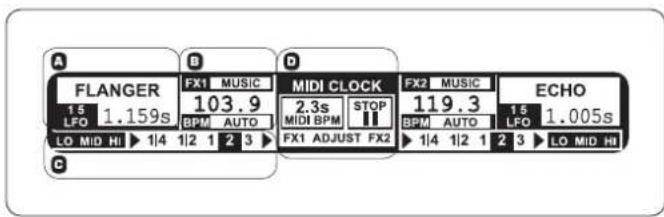 A FLANGER 1.5 LFO 1.159s LO MID HI ▶ 1/4 1/2 1 2 3 ▶ B FX1 MUSIC 103.9 BPM AUTO D MIDI CLOCK 2.3s MIDI BPM STOP FX1 ADJUST FX2 FX2 MUSIC 119.3 BPM AUTO 1/4 1/2 1 2 3 ▶ ECHO LFO 1.005s LO MID HI