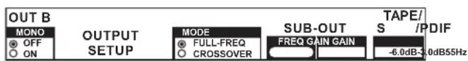 OUT B MONO OFF ON OUTPUT SETUP MODE FULL-FREQ CROSSOVER SUB-OUT FREQ GAIN GAIN TAPE/ S /PDIF -6.0dB-1 0dB55Hz