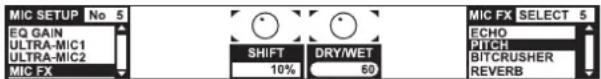 MIC SETUP No 5 EQ GAIN ULTRA-MIC1 ULTRA-MIC2 MIC FX SHIFT DRY/WET 10% 60 MIC FX SELECT 5 ECHO PITCH BITCRUSHER REVERB