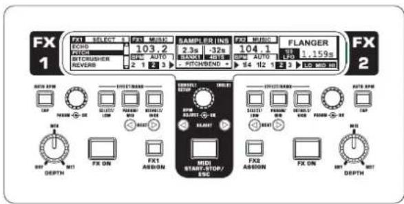 FX 1 FX1 SELECT S1 EXCH0 FITCH BITCHRUSHER REVERB FX1 SELECT S1 FX1 WITH SAMPLER INS 2.3s -32s AUTO AUTO AUTO AUTO FLANGER 103.2 2.3s -32s 104.1 AUTO AUTO AUTO 1.159s PITCHBEND 14 1/2 1 3 FX2 OFF OFFSET MIDI START-SHOP/ ESC MIDI ON FX1 ASSIGN FX2 ASSIGN FX1 ON FX2 ON OFF DEPTH