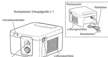 Kompressor (Hauptgerät) x 1 Vermeblersethalter Rückansicht Netzkabel Lüftungsschiltze Netzstecker Lüftungsschiltze