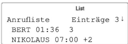List Anrufliste Einträge 3↓ BERT 01:36 3 NIKOLAUS 07:00 +2